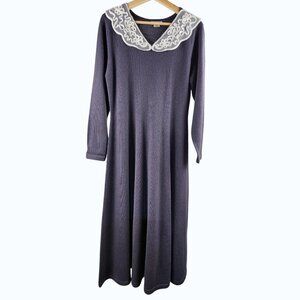 Vintage Ellen Ashley Wool Dress L Gray Midi Long Sleeve Lace Type Collar Modest